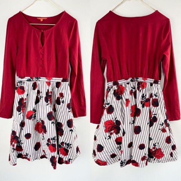 MODCLOTH Floral Rose Print Fit and Flare Long Sleeve Dress Women’s Size Large - Picture 1 of 7